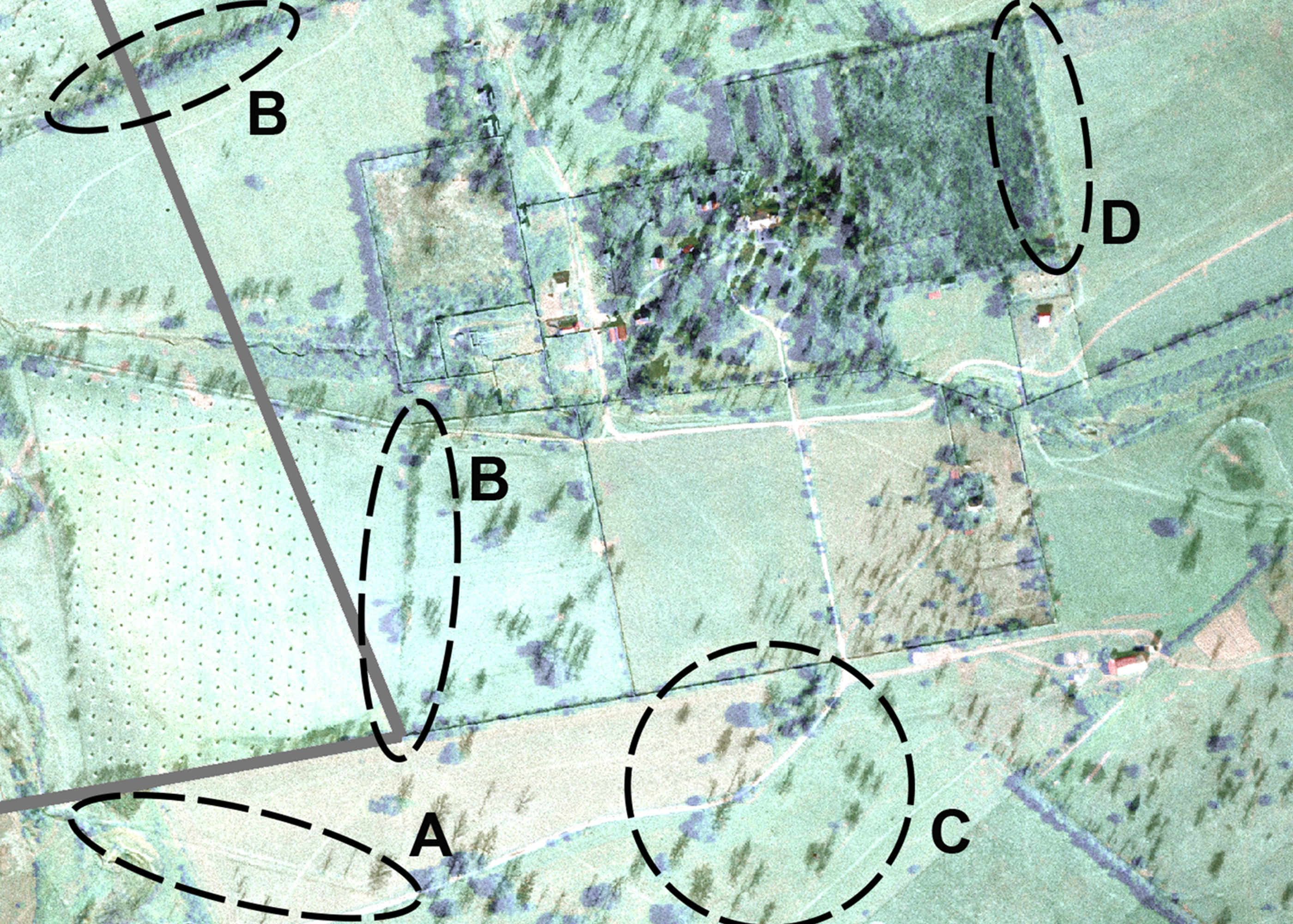 overhead view of map with circles drawn in certain areas