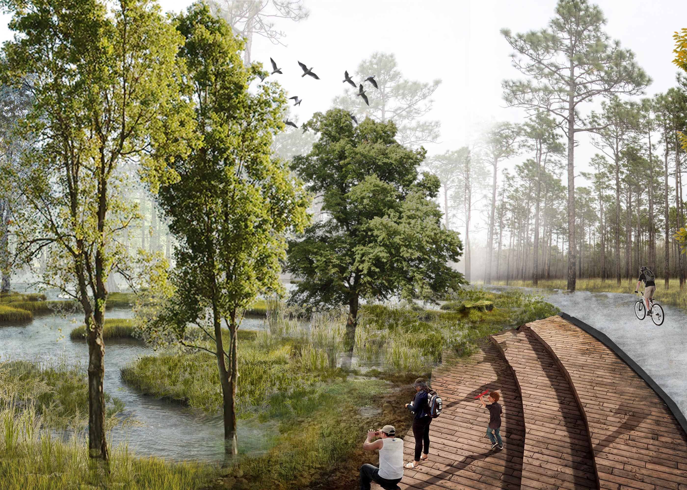rendering of bike path and nature viewing platforms