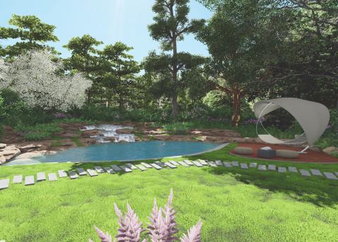 digital rendering of a natural swimming pool surrounded by plants and a seating area