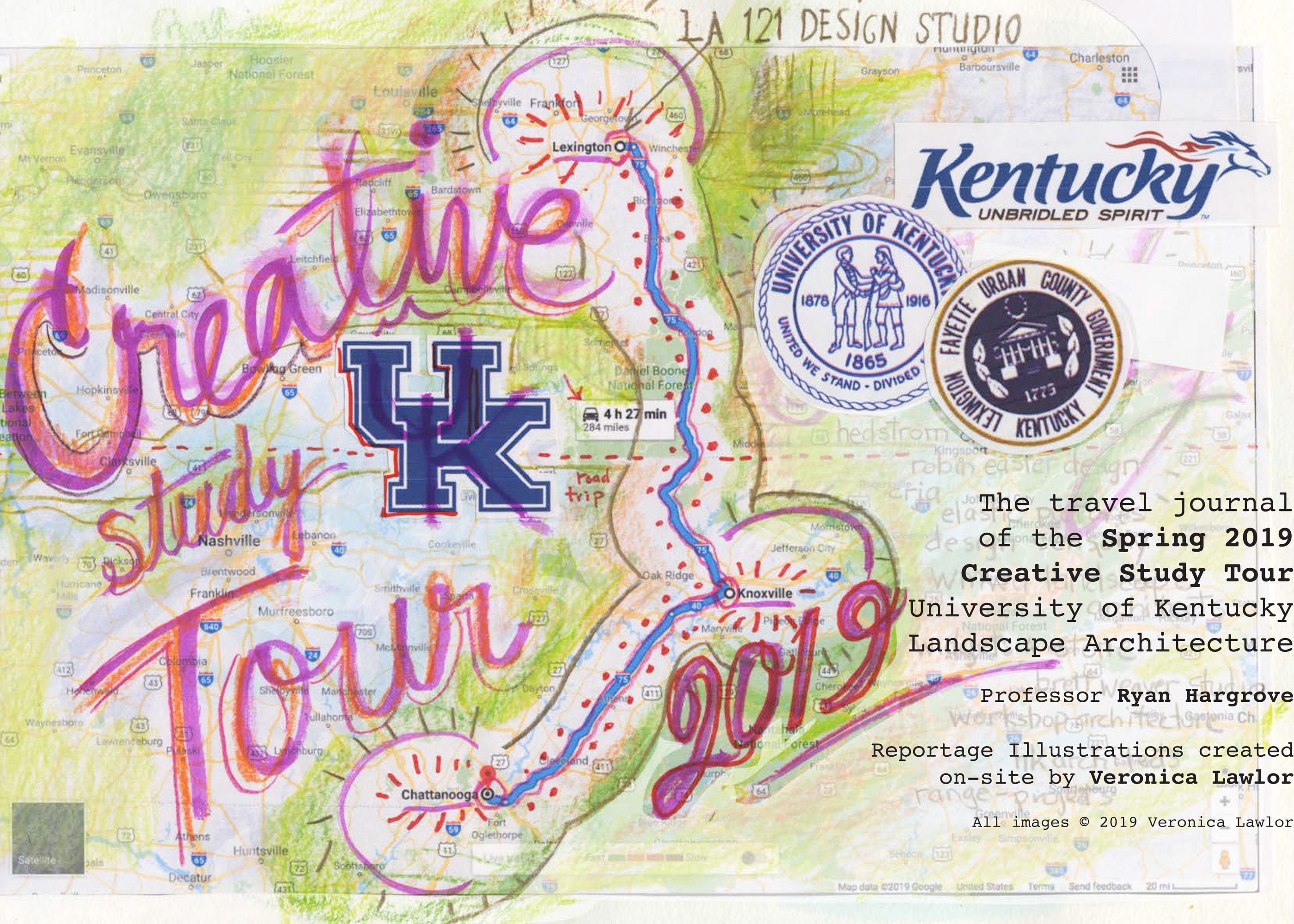 colorful drawings illustrating the travel out of Kentucky