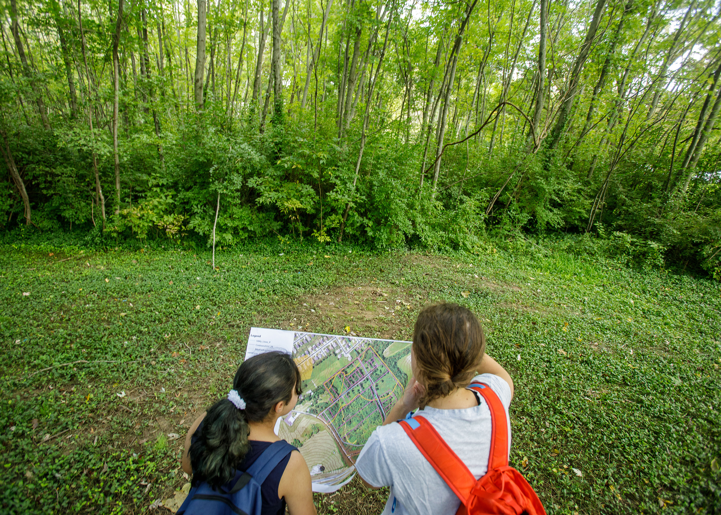 Two students looking at map with trees in front of them.