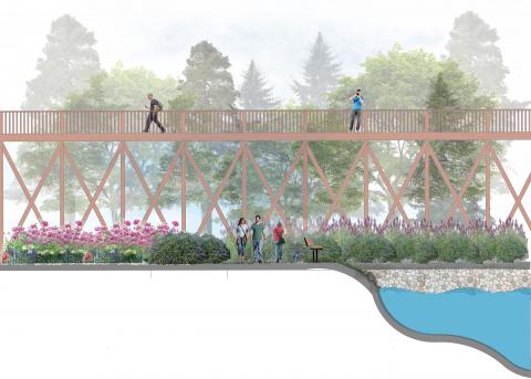 digital rendering of a bioswale with raised pedestrian path