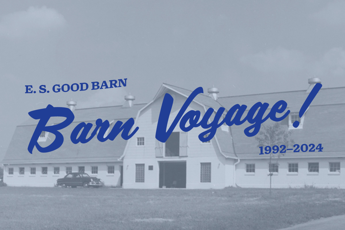 old photograph of the E S Good Barn with the words Barn Voyage across the image.